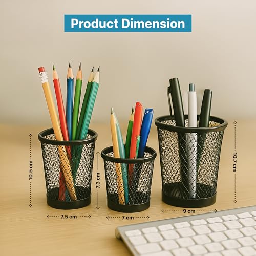 Image of The Better Home Set of 3 Pencil Holders | Metal Made Clip Holder Paint Brush Holder Pen Stand | Study Table Accessories for Kids Home Office Artists | Desk Organizer Metal Mesh Design | 3 Pack