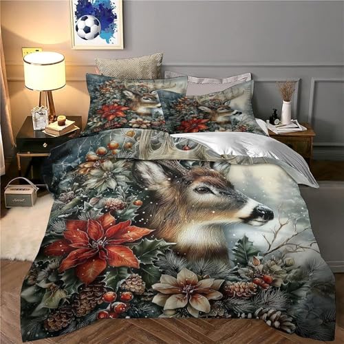 Parure de lit fleurs de Noël avec housse de couette cerf pour chambre d'ado cocooning