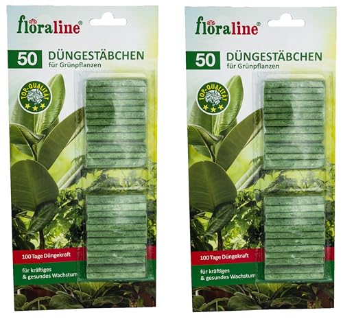 floraline | 100x Grünpflanzen - Düngestäbchen | Dünger für bis zu 100 Tage prächtige Blumen mit Wachstum und gesundem Aussehen pro Stäbchen | Sehr schonende & kinderleichte Anwendung