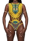 Fiacafyo Women's One Piece African Print Swimsuit Bohemia Non-Padded Cut Out Sexy High Waisted Swimsuit Bathing Suit (A-Yellow, L)
