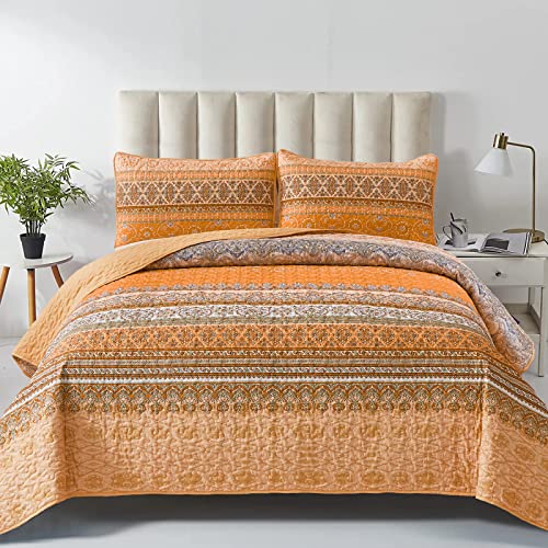 Goodidea Boho Quilt Set Queen Size, Bohemian Striped Printed Bedspread Coverlet For All Season Lightweight Microfiber 3 Pieces Bedding Set (Yellow, 96"X90") #TOP1