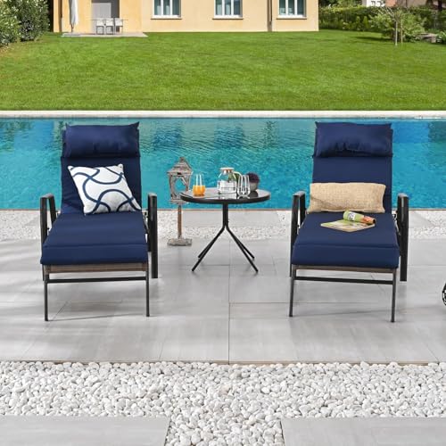 Image of LOKATSE HOME 3 Pieces Outdoor Patio Chaise Lounges Chairs Set Adjustable with Folding Table, Dark Blue Cushions