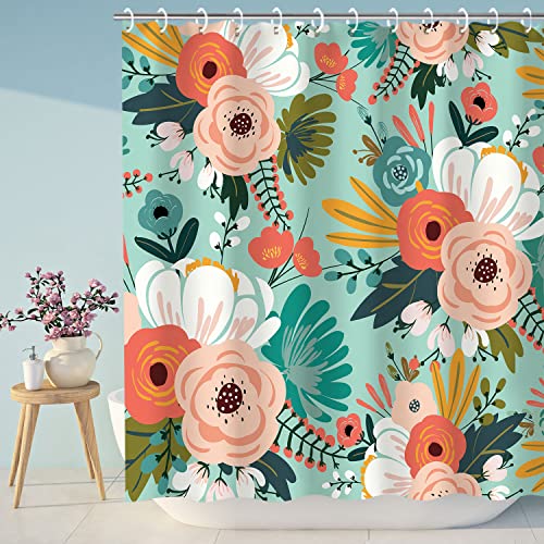 LIVILAN Floral Shower Curtain, Colorful Flowers Fabric Bathroom Curtain Set with Hooks Blossom Bathroom Decor (Green, 72WX72H Inches)