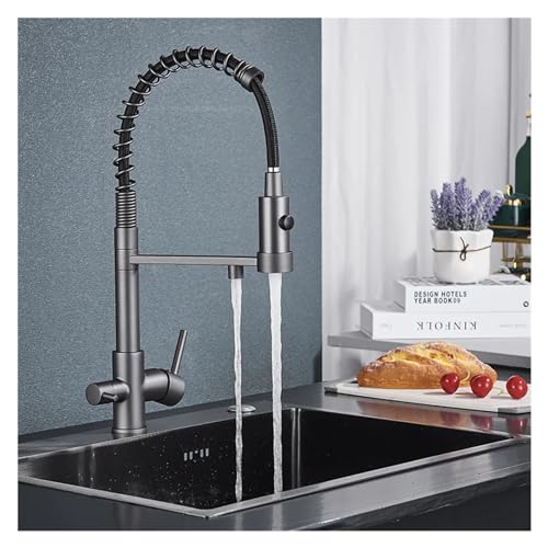Rubinetti per vasca Filtro Cucina Modello 2 Beccuccio con filtro Rubinetto for vasca di lavaggio con miscelatore purificante caldo e freddo a doppia maniglia (Color : Grey)