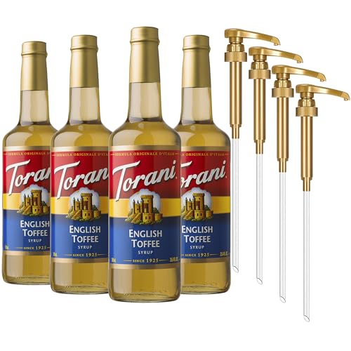 Torani Coffee Syrup, English Toffee Flavored Syrup for Drinks, Glass Bottle 4-Pack, Pumps Included, 25.4 Fl Oz Ea