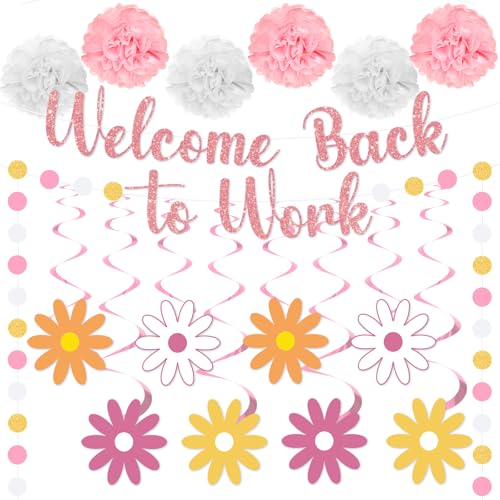 16pcs Welcome Back to Work Decorations Office Rose Gold Pink Welcome Back to Work Banner Hanging Swirls Circle Dot Garland Pompoms for Back to Work Office Anniversary Decorations Supplies