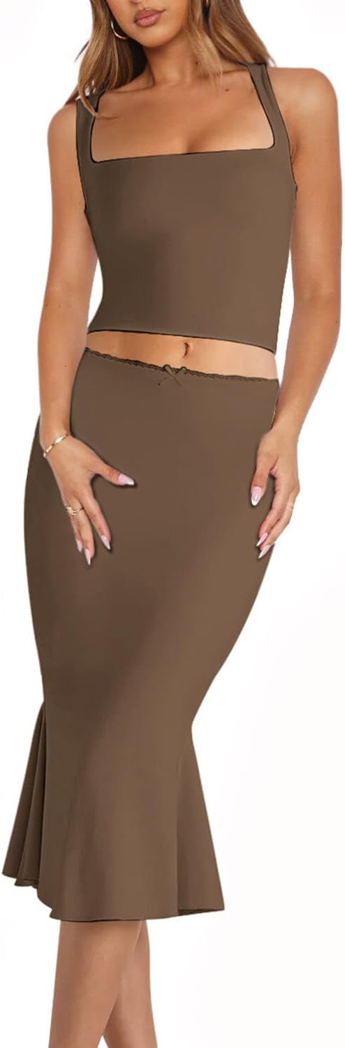 CHYRII Womens Two Piece Sets Sleeveless Squre Neck Cropped Top Bodycon Midi Skirt Midi Dress Outfit - Image 4