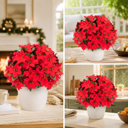 Image of 26 inch Artificial Poinsettia Topiary Ball Tree 2-Pack, UV Resistant Outdoor