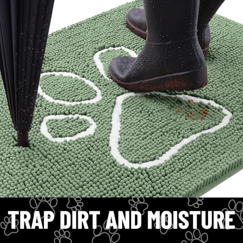 Image of Smiry Dog Door Mat for Muddy Paws, Absorbent Dirt Trapper Non Slip Quick Dry Washable Chenille Mat for Mud Dogs, Entry Rug for Indoor and Outdoor (48x30 Inches, Olive Green and White)