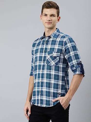 Image of Thomas Scott Men's Polyester Checkered Slim Fit Casual Shirt with Spread Collar and Long Sleeve (TS1045 Wood)