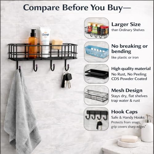 Image of PulGos Pack-2 Multipurpose Wall Shelf with 2 Adhesive Hooks - Durable Mounted Storage Rack for Bathroom, Kitchen & Toilet, Space-Saving, Wall Stand Organizer for Home & Office Use Without Drill