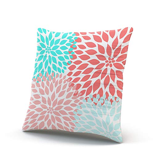 Xiuba Throw Pillow Covers Case Aqua Turquoise Pink Coral Seafoam Teal Dahlia Modern Floral Decor Decorative Pillowcase Cushion Cover 18 X 18 Inch Square Size One Side Design Printed #TOP1