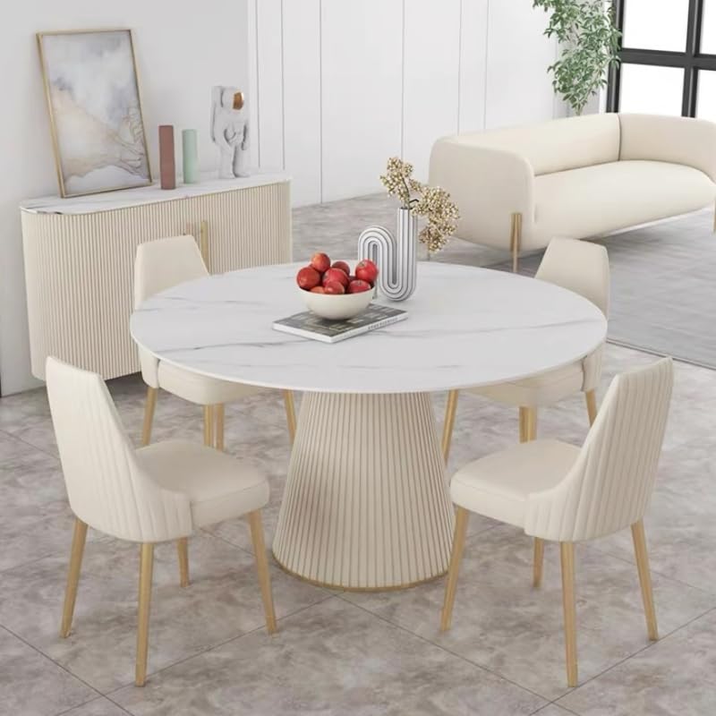 Montary 5 Piece Dining Table Set, Modern Dining Room Table Set of 4-6, White 53" D Faux Marble Dining Table, Sintered Stone Round Table with 4 Cream