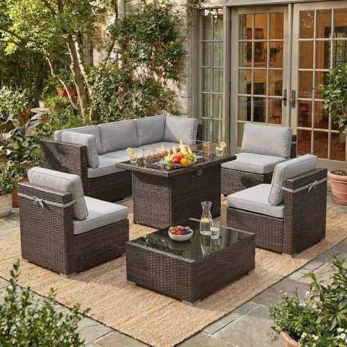 LayinSun 8 Pieces Outdoor Patio Furniture Set with 44" Fire Pit Table Brown Rattan Sectional Sofa Conversation Sets