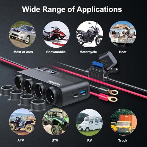 10FT Heavy-Duty 12V/24V Car Charger, 216W 7-Port Cigarette Lighter Adapter with USB-C PD30W/QC3.0 Fast Charging, LED Display & Master Switch, Cigarette Lighter Socket for Truck, RV, Car, Dash Cam - Image 7