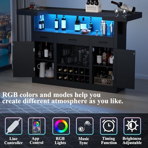 Multifunction Loomie Bar Table Cabinet with LED & 3 Drawers,Liquor Bar 35 Product Image