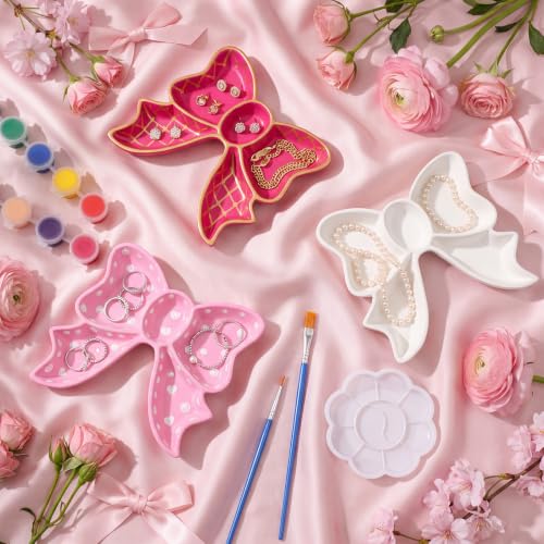 Image of Zubebe 6 Set Ceramics to Paint Bow Jewelry Tray Kit Ready to Paint Ceramics Ring Dish Holder DIY Unpainted Plates Trinket Dish Tray Crafts with Brush Palette for Mother's Day Valentine Wedding Gift