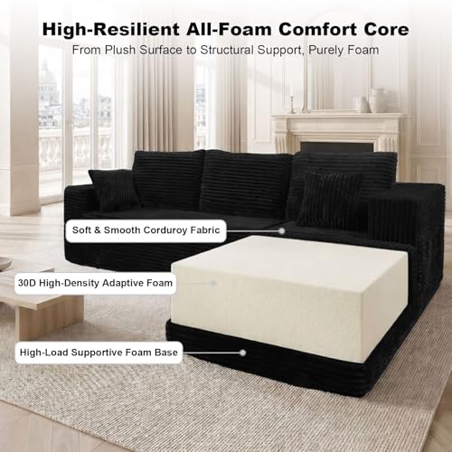 HOMMIDIKA 106" Boneless Sectional Couches for Living Room, Modular Sectional Sofa with L-Shape Chaise,Corduroy Oversized 3 Seater Cloud Couches for Apartment, No Assembly(Black,Right Facing Chaise) — view 6