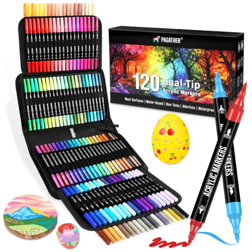 Pagather Acrylic Paint Markers, 120 Colors Dual Tip Fine & Brush Pens Set