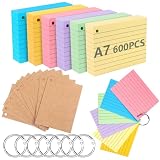 moinkerin Schede 600 pezzi 10,4 × 7,6 cm multicolori con 7 anelli e 12 schede kraft – carte lineate per ufficio, casa e scuola