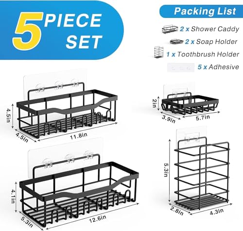 Image of Homeor 5 in 1 Rustproof Stainless Steel Self Adhesive Bathroom Shelf for Wall, Soap Dish with Toothbrush Holder, Racks and Shelves for Wall, Bathroom Organizer Without Drill, Black