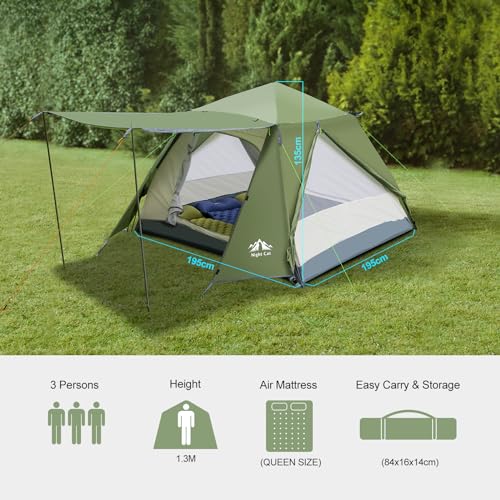 Image of Night Cat Instant Cabin Tent with Rainfly 2 3 Persons Waterproof Pop Up Tents with Porch for Family Camping Double Layers Automatic Hydraulic Easy Set Up Outdoor