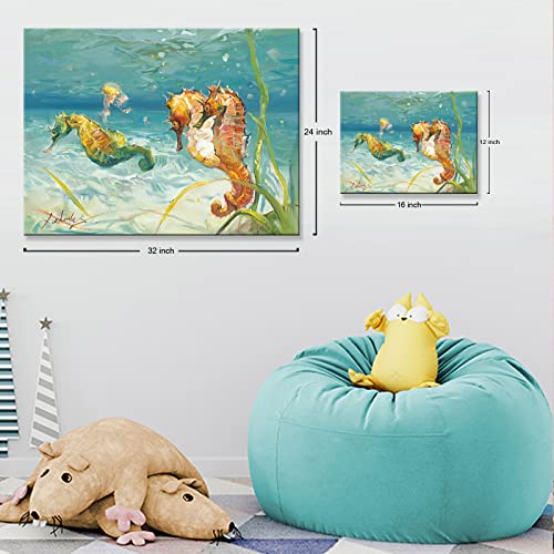 Bathroom Wall Decor Nautical Seahorse Decor Wall Art, Coastal Wall Decor For Bathroom Bedroom Home Living Room, Cadet Blue Green Ocean Decor Framed Beach Wall Art 12X16" Ready To Hang #TOP2