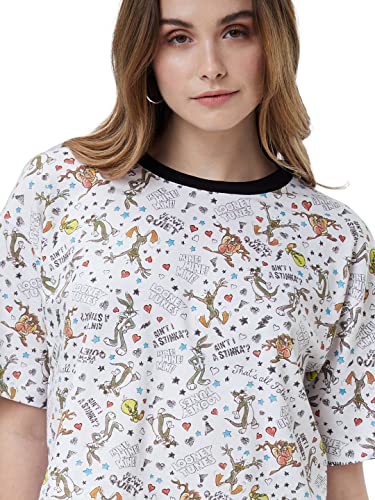 Image of The Souled Store| Official Looney Tunes: Doodle Pattern Women and Girls T-Shirts|Half Sleeve|Loose fit Graphic Printed|100% Cotton White Color Women Oversized Cropped T-Shirts
