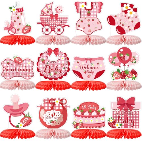 Strawberry Baby Shower Decorations,12 PCS Berry Sweet Baby Shower Honeycomb Centerpiece,Strawberry Theme Birthday Party Table Topper Decor for Party Supplies