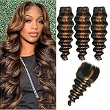 Human Hair Bundles with Closure 14 16 18+14inch Fb30 Colored Ombre Loose Deep Wave Human Hair with 4X4 Closure Free Part Quick Weave 10A Remy Virgin Hair Weave Colored Two Tone Ombre