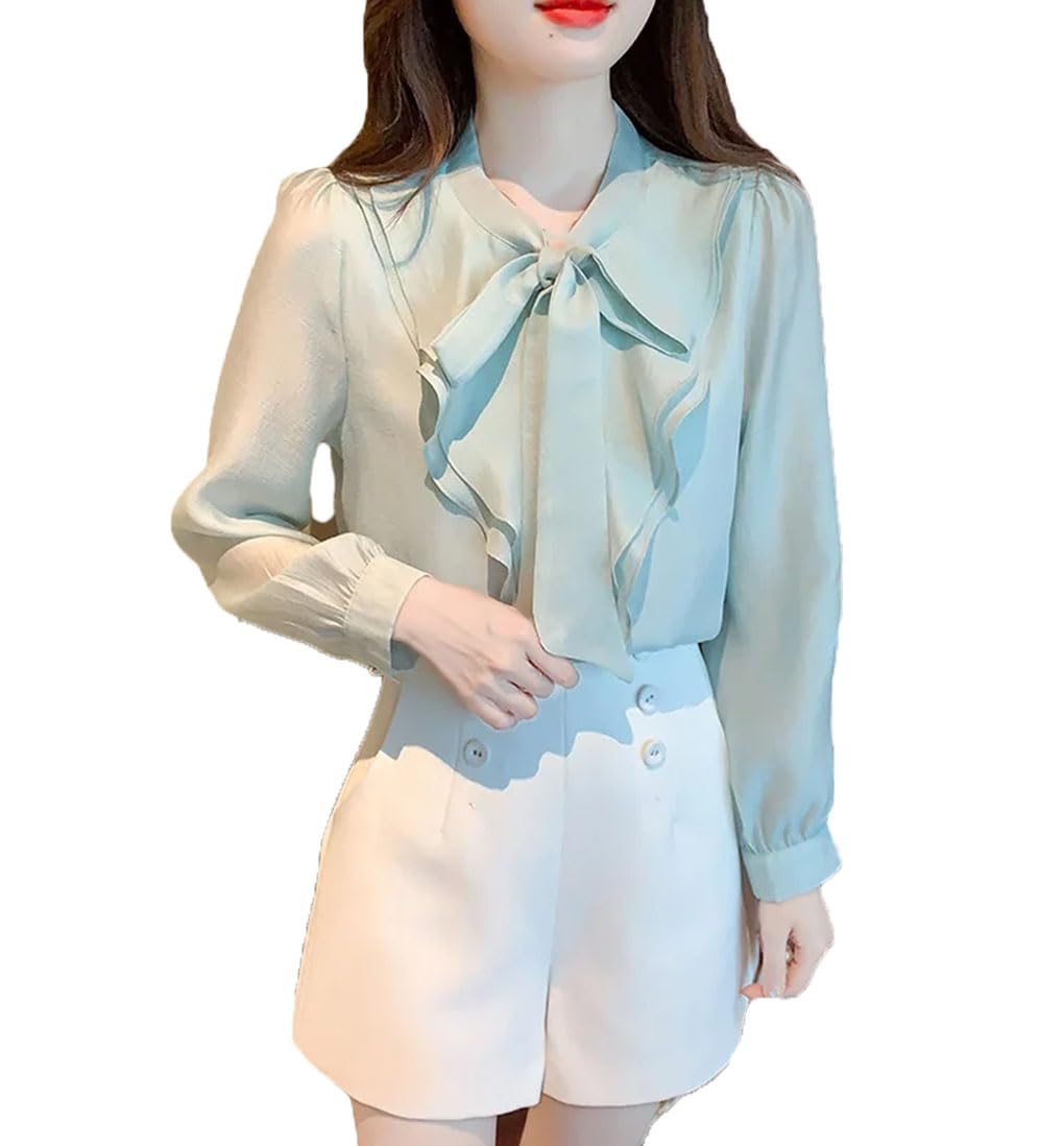 Camicetta in chiffon con volant a maniche lunghe da donna pullover solido fiocco camicia collare lavoro ufficio top