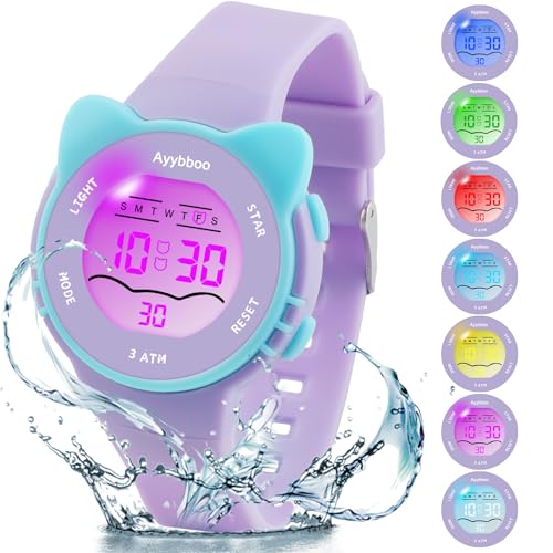 Ayybboo Reloj para Niños,7 Colores de Luces LED Intermitentes Reloj Digital Impermeable para Niños y Niñas de 3 a 12 Años(Morado)