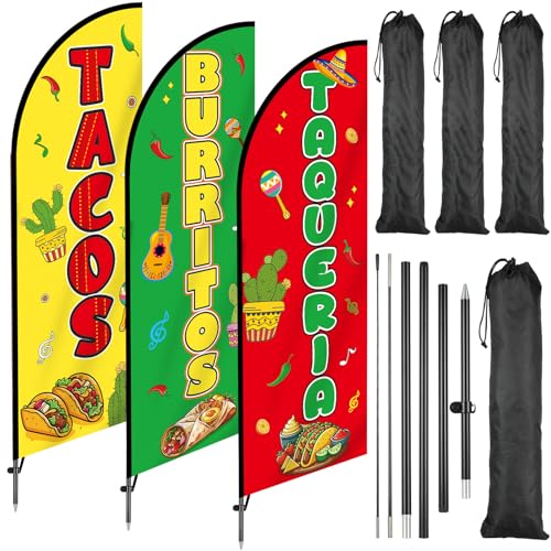 3 Sets Tacos Burritos Feather Flag Mexican Food Swooper Flag Mexican Restaurants Advertising Banner Sign for Business with Carbon Fiber Pole and Advanced Ground Stake Portable Bag for Outside Store