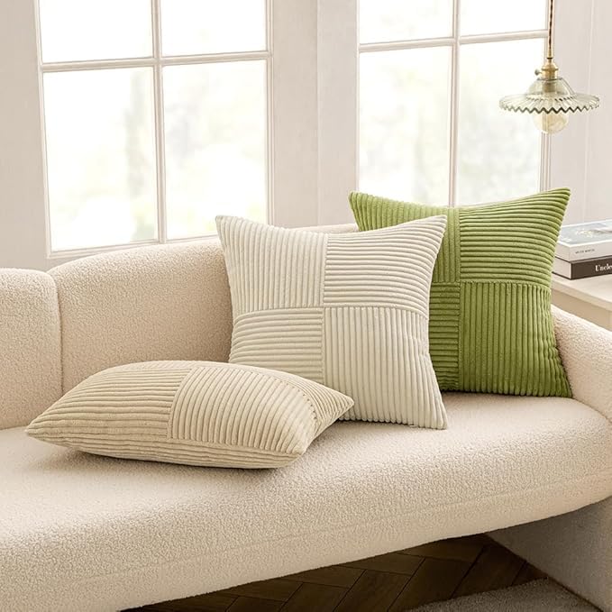Image of Guffaw Corduroy Pillow Covers Boho Decorative Spliced Throw Pillow Covers Soft Solid Couch Pillowcases Cross Patchwork Cushion Covers for Living Room Bed Sofa 16x16 inch (2, Green[Mehndi])
