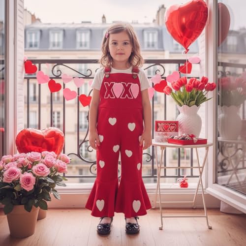 Rtnnsbbfcm Toddler Baby Girl Valentines Outfit Love Heart Overalls Kids Bell Bottoms Little Girls Spring Clothing (Heart, 12-18 Months)