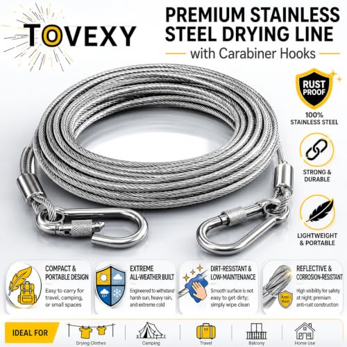 Image of Heavy Duty Stainless Steel Clothes Drying Rope 10 Meter with Hooks | Strong Rust Resistant Clothesline for Balcony, Bathroom, Travel & Camping | Cloth Drying Wire Indoor & Outdoor Use