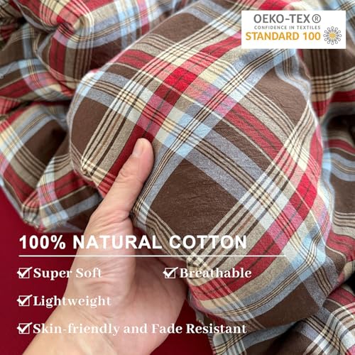 Image of EAVD Vintage Red Brown Buffalo Plaid Duvet Cover Queen 100% Wasehd Cotton Plaid Bedding Set with Grid Checkered Pattern Farmhouse Gingham Duvet Cover with Zipper Closure 2 Pillowcases for All-Season