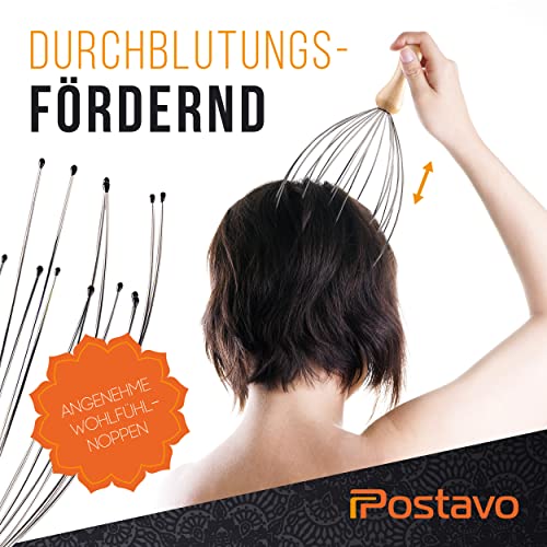 Postavo [ORIGINAL] Kopfmassage Spinne - Kopfmassagegerät mit 20 Fingern - Für perfekte Entspannung & eine bessere Durchblutung - Kopfhaut Massagebürste mit ergonomischen Griff aus Holz