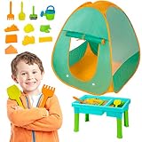 UNIH Kids Sand and Water Table with Play Tent, Toddler Beach Toys Set with Tent for Kids, Indoor&Out