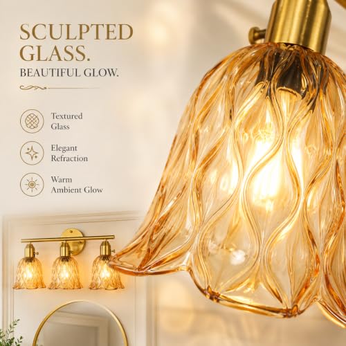 Image of 19.3 inch 3-Light Bathroom Light Fixtures, Gold Vintage Vanity Lights with Clear Amber Tulip Glass Shade, Bathroom Wall Lamp for Mirror Kitchen Living Room Hallway Cabinet Porch