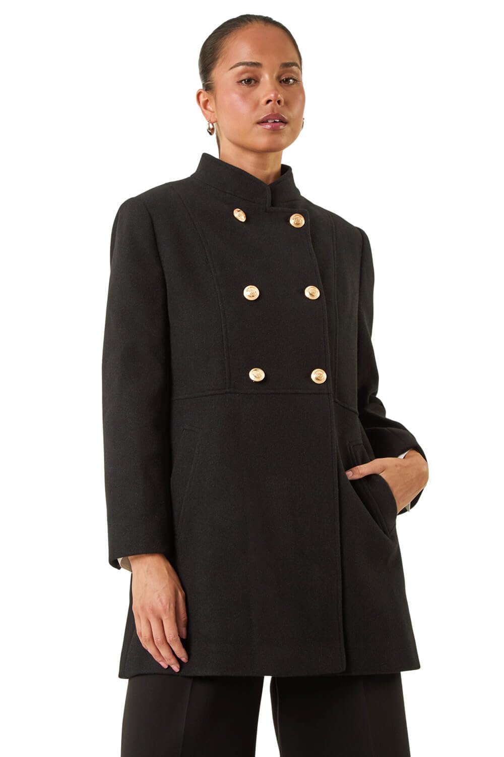 Roman Women's Petite Military Buttoned Coat in Black | Size: 14