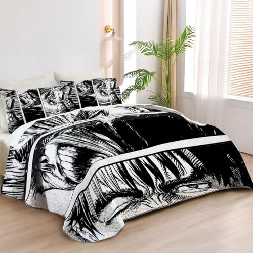 Allenjoy King Size The Black Swordsman Quilt Bedspreads Japanese Manga Bed Set Bedding Coverlet Fabric Washable with 2 Pillowcases SC00373-007