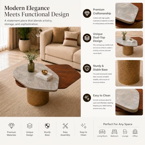 Image of The Attic Dotsy Coffee Table, Coffee Table for Living Room, Rovolving Marble top, Gold & Teak,Grey Finish