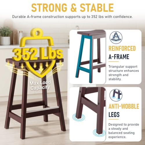 BestOffice Butacos de Barra de 24 Pulgadas, Juego de 2 Unidades, Asiento de Madera con Forma de Silla de Montar, Color Marrón, Diseño para Isla de Cocina y Comedor, Estilo Clásico miniatura 5