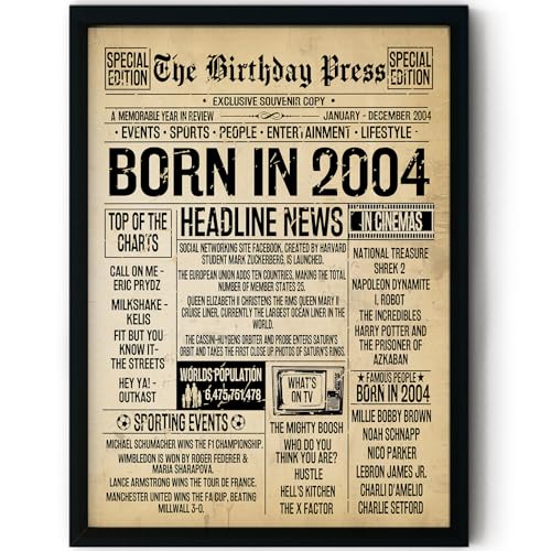Stuff4 21st Birthday Poster Framed - Born In 2004 Vintage Newspaper - Happy 21st Birthday Gifts for Women Men Retro Back In 2004, 8x10 Inch Twenty-One Twenty-First Decor Decoration Bday Party