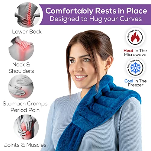 Image of Microwave Heating Pad for Back Pain Relief with 71 inch Ties /Straps to Secure Anywhere - Moist Heating Pad Microwavable Heat Wrap for Neck & Shoulders, Cramps - Flaxseed Rice Heat Packs Hot Bag (Med Blue)