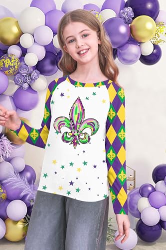 Image of Mardi Gras Shirt for Kids: Toddler Boys Girls Mardi Gras Long Sleeve Happy Carnival Outfits Mask Graphic Tee 4-12 Years