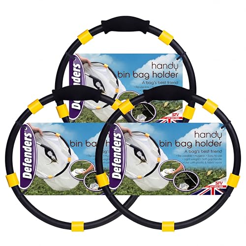 Defenders Handy Bin Bag Holder Triple Pack (3 x Holders) Clip-and-Go Reusable Hoop 35.5 cm Universal Fit Gardening & Litter Picking Black