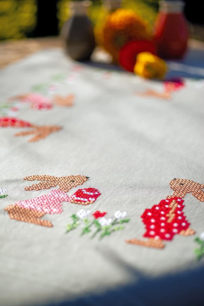 Vervaco Pre-Printed Cross Stitch Kit Tablecloth Easter Rabbits in a Garden Tulips Embroidery Complete Kit Adult Creative Home Decoration Manual Table Cadeou DIY Approx. 80 x 80 cm