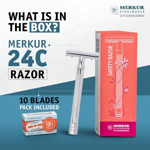 Image of MERKUR 24C Safety Razor For Women with 10 Double Edge Blades | Extra Long Handle | Three-piece Razor | Straight Cut | Bright Chrome Finish | Made in Germany